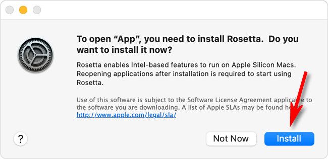 Click "Install" to install Rosetta 2.