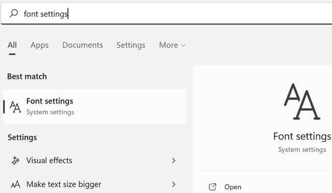 Open the Start Menu, search for "font settings," then open it.