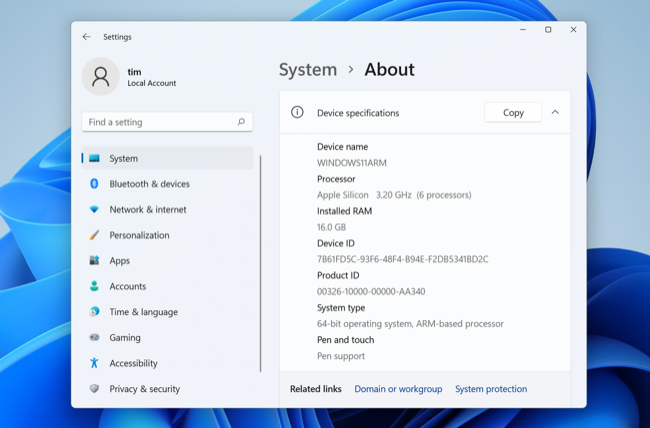 Parallels Desktop 18 Windows system information