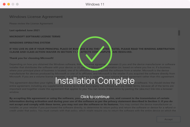 Parallels Desktop 18 Windows installation complete