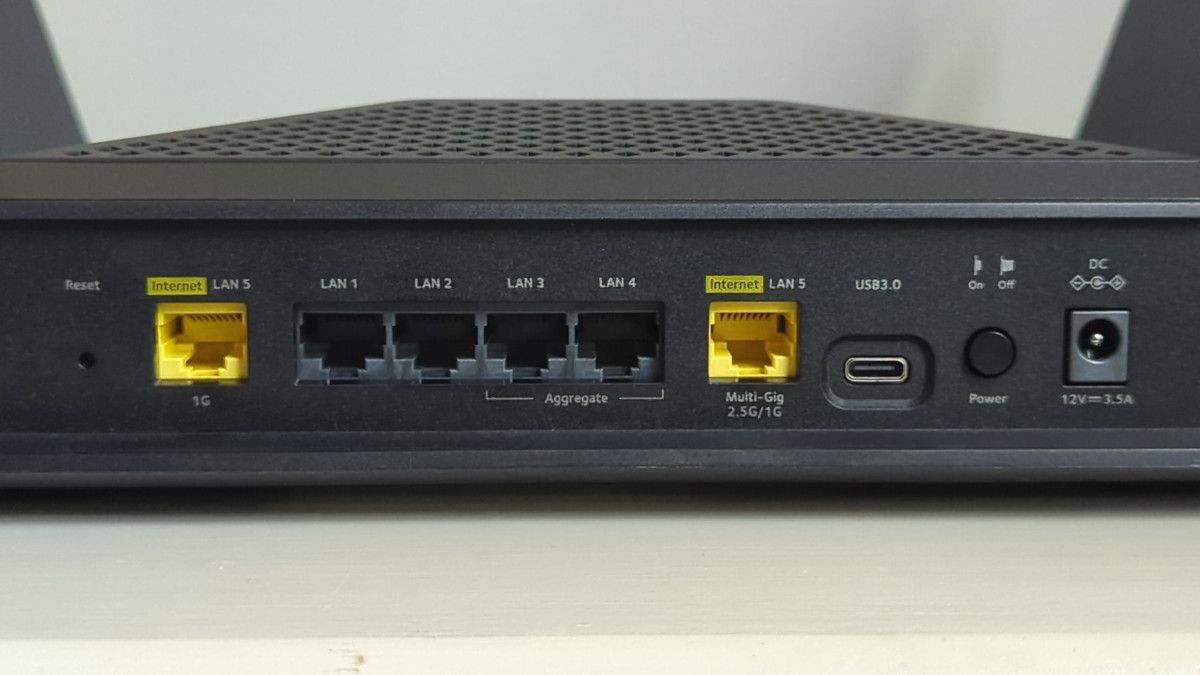 Ports on the back of the Nighthawk RAXE300 router.