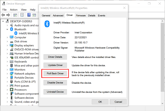 Driver rollback option in device manager