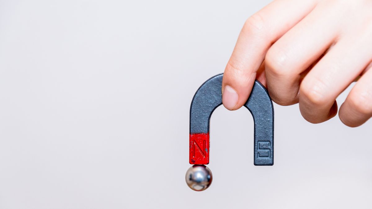 Person's hand holding a horseshoe magnet with a metal ball clinging to it.