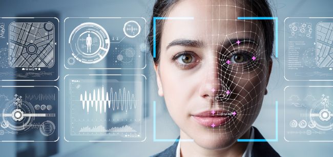 Woman's face being scanned with various biometric authentication graphics visible.