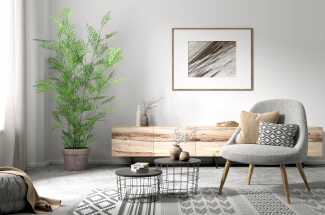 Living room with modern furniture and art.