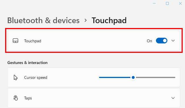 The touchpad settings in Windows 11