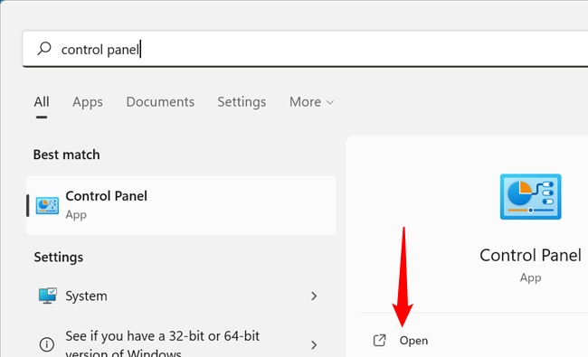 Type &ldquo;Control Panel&rdquo; into the Start Menu search bar, then click &ldquo;Open&rdquo; or hit Enter.