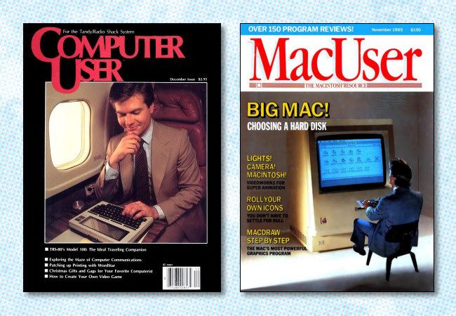 Computer User and MacUser magazine covers from 1983 and 1985.