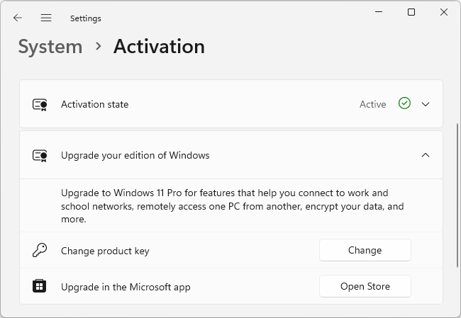 Upgrading to Windows 11 Pro in Settings.