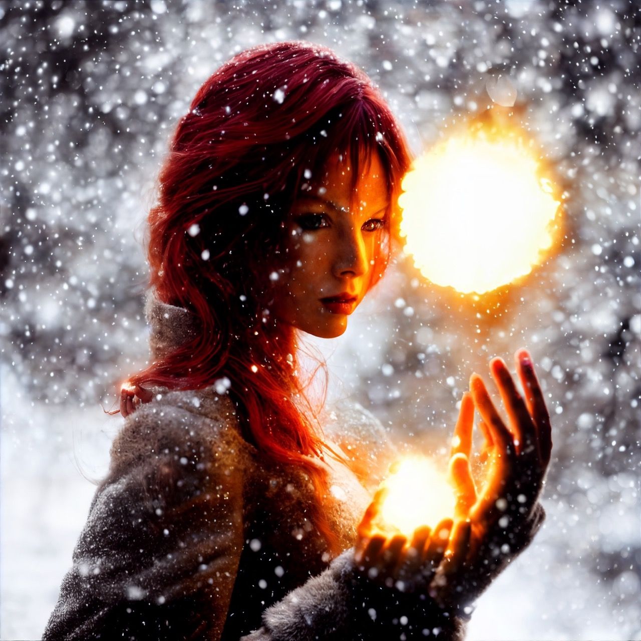 Generated image with prompt: "55mm closeup hand photo of a breathtaking majestic beautiful armored redhead woman mage holding a tiny ball of fire in her hand on a snowy night in the village. zoom on the hand. focus on hand. dof. bokeh. art by greg rutkowski and luis royo. ultra reallistic. extremely detailed. nikon d850. cinematic postprocessing."