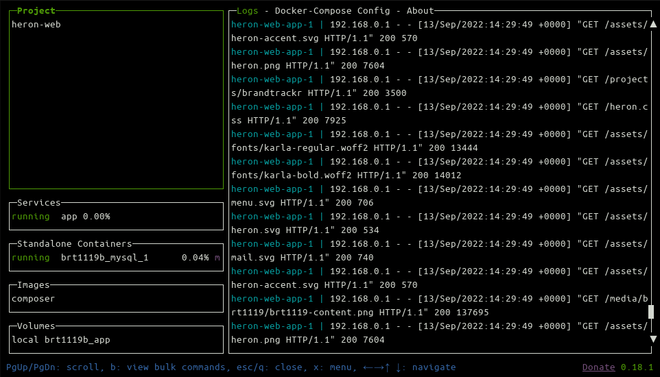 Screenshot of viewing a Docker Compose stack in Lazydocker