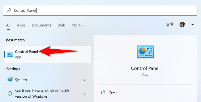 Select &ldquo;Control Panel&rdquo; in the search results.