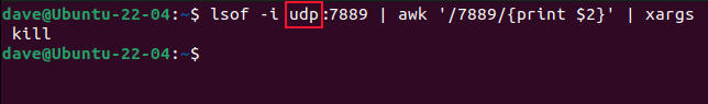 Using pipes to take the output of lsof into awk and from awk into xargs and kill, for a UDP socket