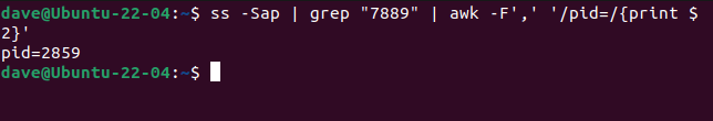 Using pipes to connect ss, grep, and awk to extract the PID string