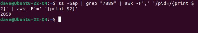 Using pipes to connect ss, grep, and awk twice, to extract the PID