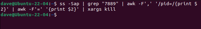 Using pipes with ss, grep, awk, and xargs to terminate an SCTP socket process