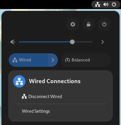The Quick Settings menu with the wired connections pane expanded