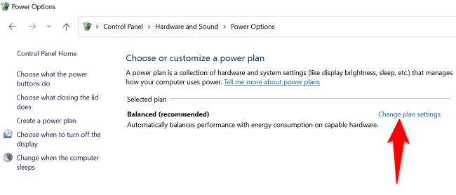 Select &ldquo;Change Plan Settings&rdquo; next to the active power plan.