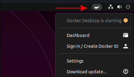 Screenshot of the Docker Desktop system tray menu on Ubuntu