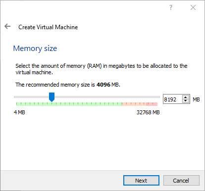 Set the memory size to at least four gigabytes, but use eight if you can spare the RAM. 