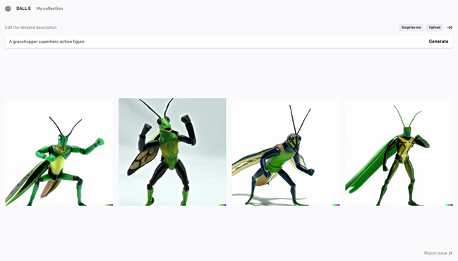 A grasshopper superhero action figure.