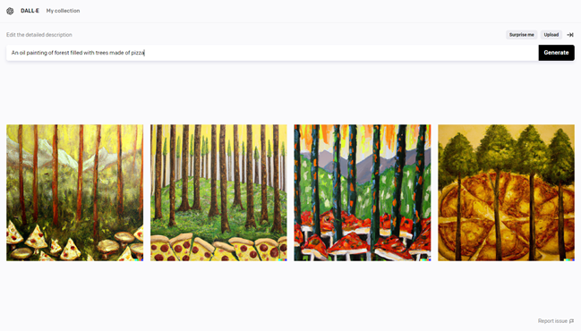 A oil painting of a forest filled with trees made of pizza