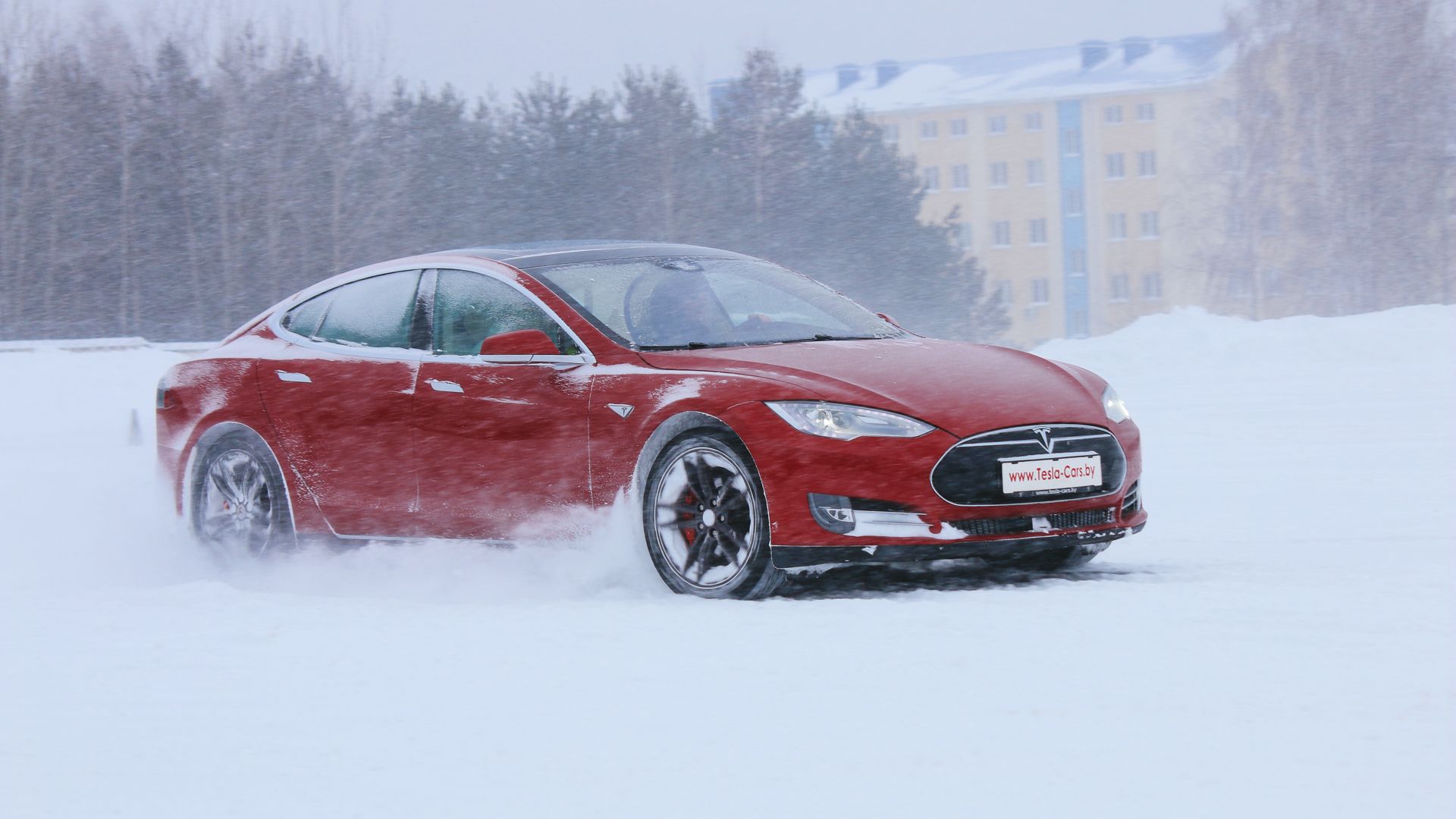 Tesla driving in the snow