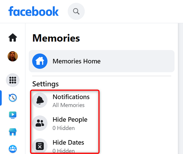 Manage settings for Facebook Memories on desktop.