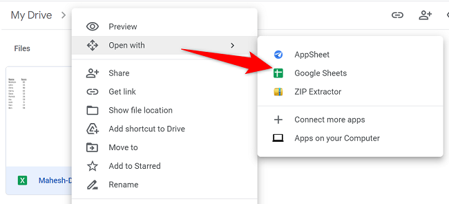Select Open With > Google Sheets.