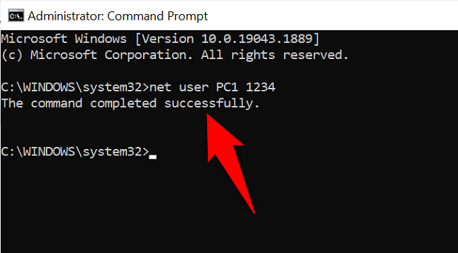 Password successfully changed with the net user command.