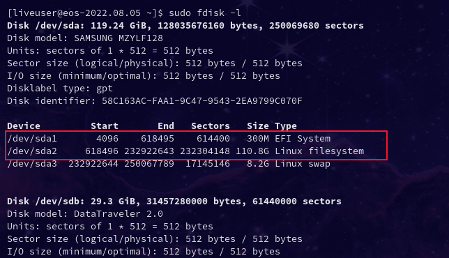 The output from the sudo fdisk -l command with the boot and root partitions highlighted