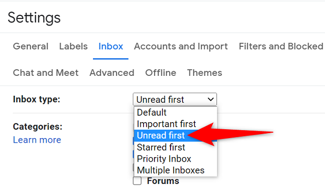 Choose "Unread First" from the drop-down menu.
