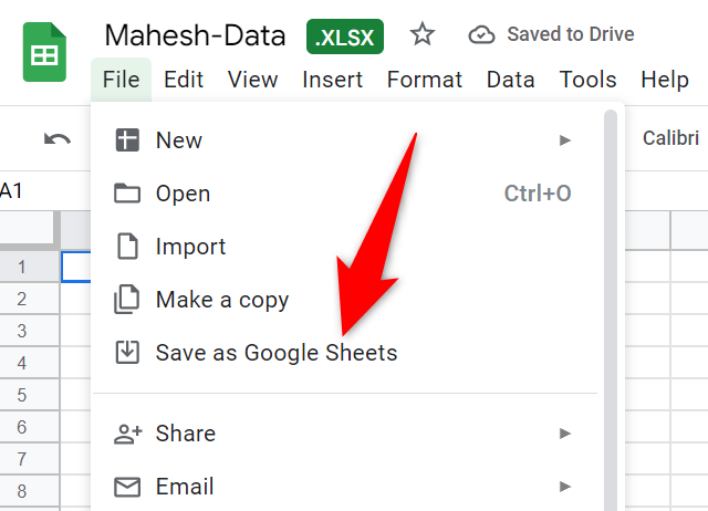 Choose File > Save as Google Sheets.