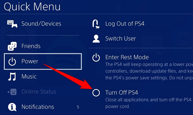 Choose Power > Turn Off PS4.