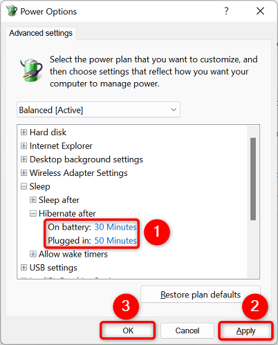 Set the hibernation time and select &ldquo;Apply&rdquo; and &ldquo;OK.&quot;