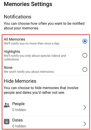 Manage settings for Facebook Memories on mobile.