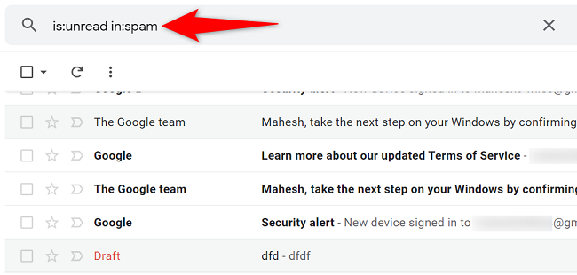 Find all unread spam emails on Gmail.