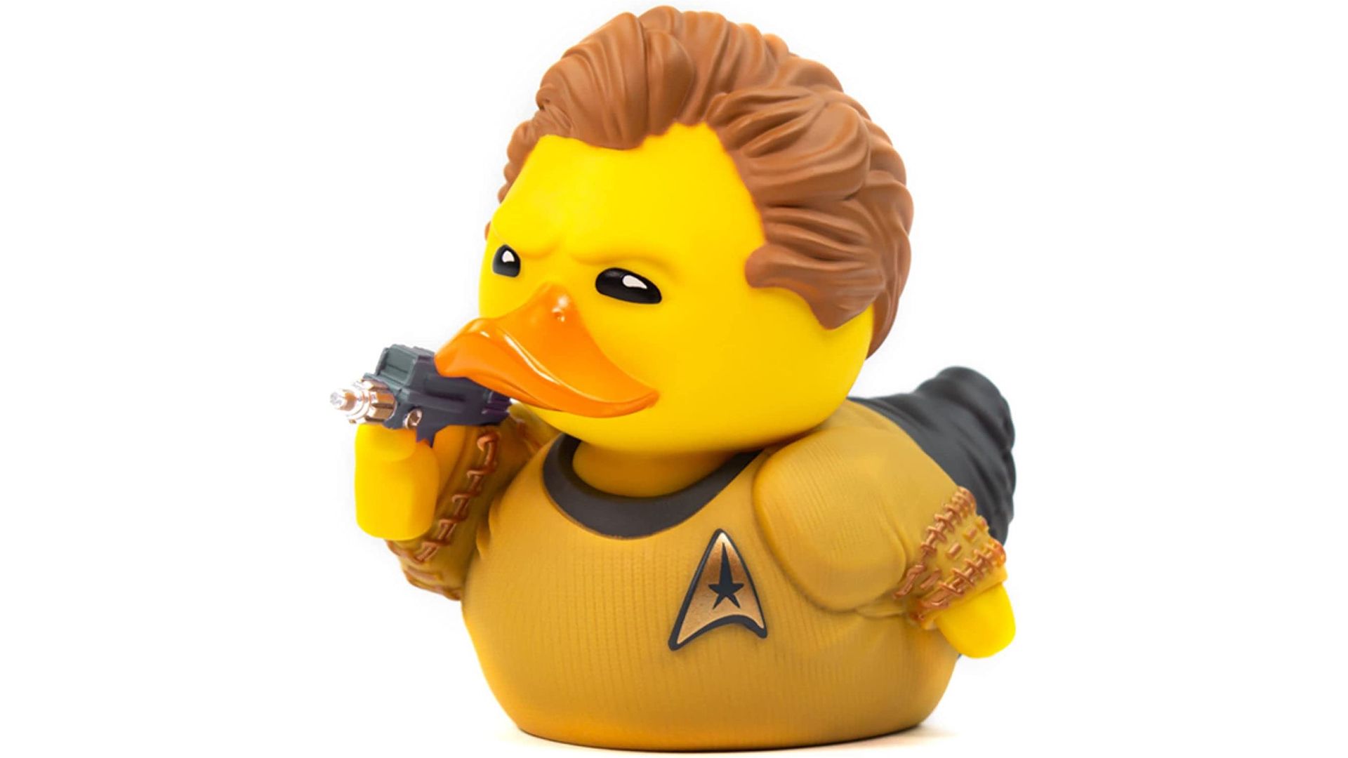 Captain Kirk rubber duck on a white background.