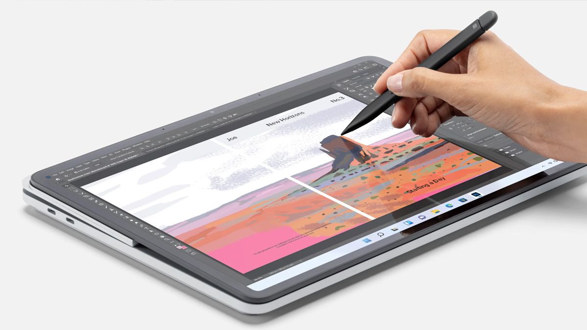 A person drawing on a Microsoft Surface tablet computer.