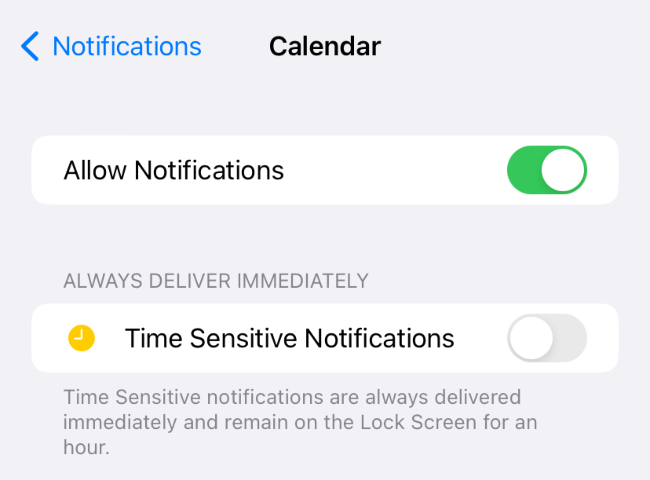 Allow notifications toggle inside Calendar app settings on iPhone