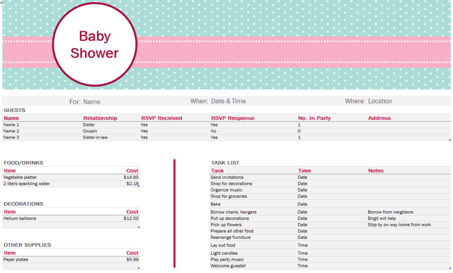 Baby Shower Planner Excel template