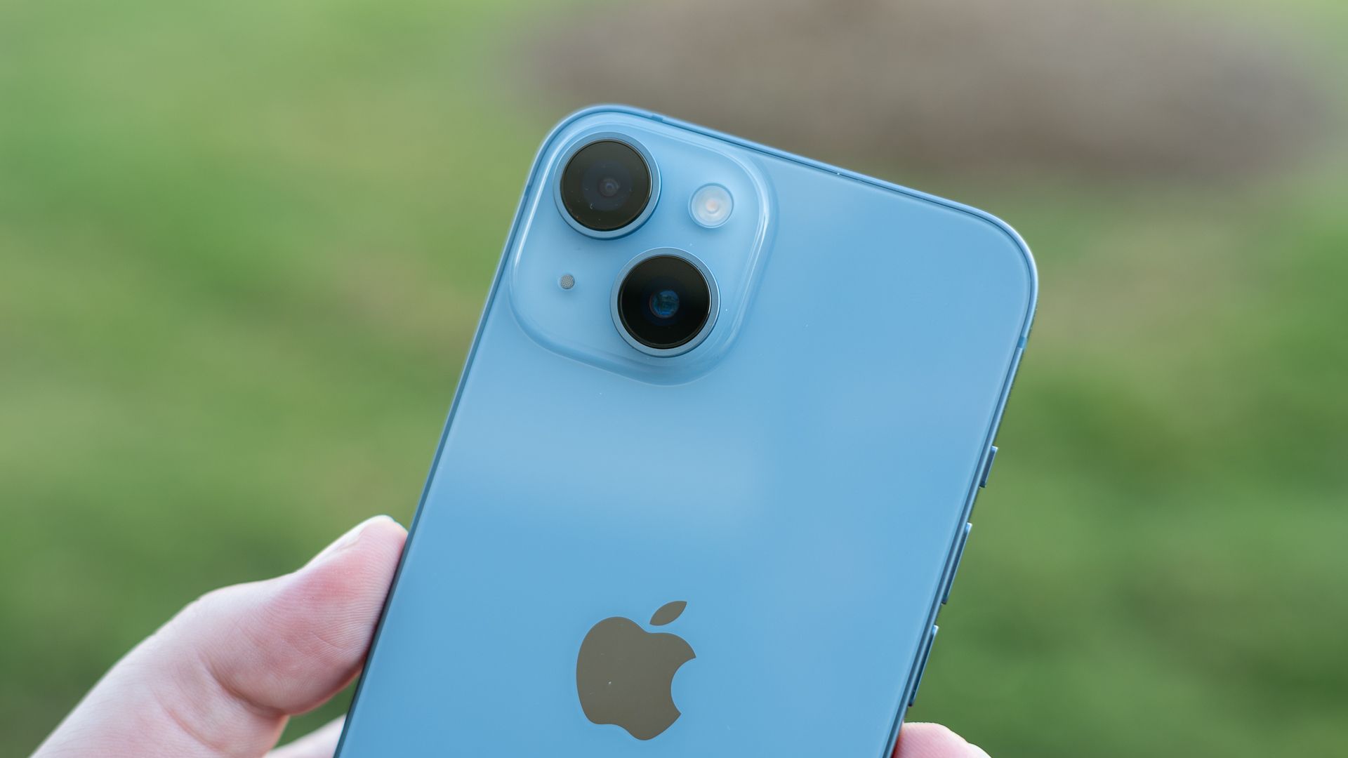 Blue Apple iPhone 14's dual rear-facing cameras
