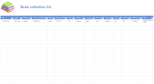 Book Collection Excel template