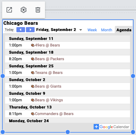 Calendar toolbar on Google Sites