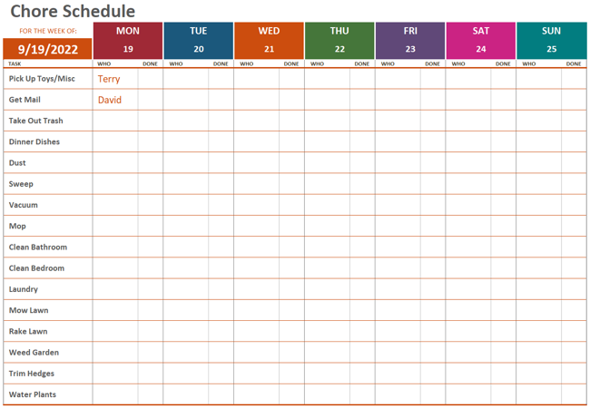 Chore Schedule Excel template