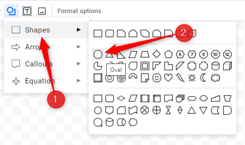 Click Shapes and then select Oval.