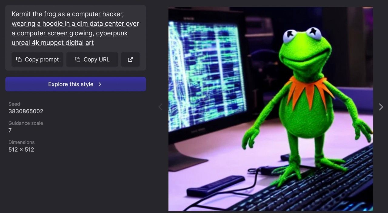 Kermit the frog as a computer hacker, wearing a hoodie in a dim data center over a computer screen glowing, cyberpunk unreal 4k muppet digital art