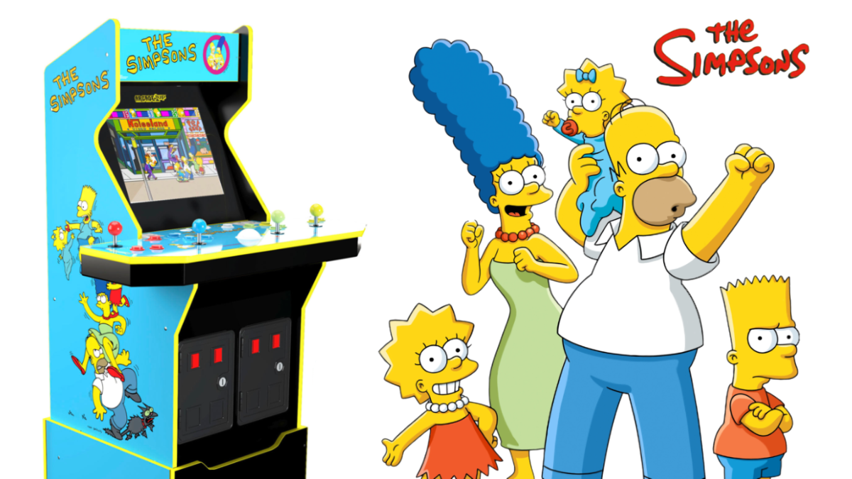 The Simpsons standing beside an Arcade1Up The Simpsons 30th Edition Arcade Cabinet
