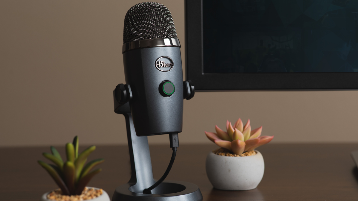 Blue Yeti Nano Microphone sitting on a desk