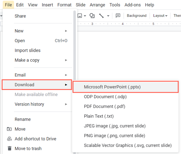 Microsoft PowerPoint in the Google Slides Download menu
